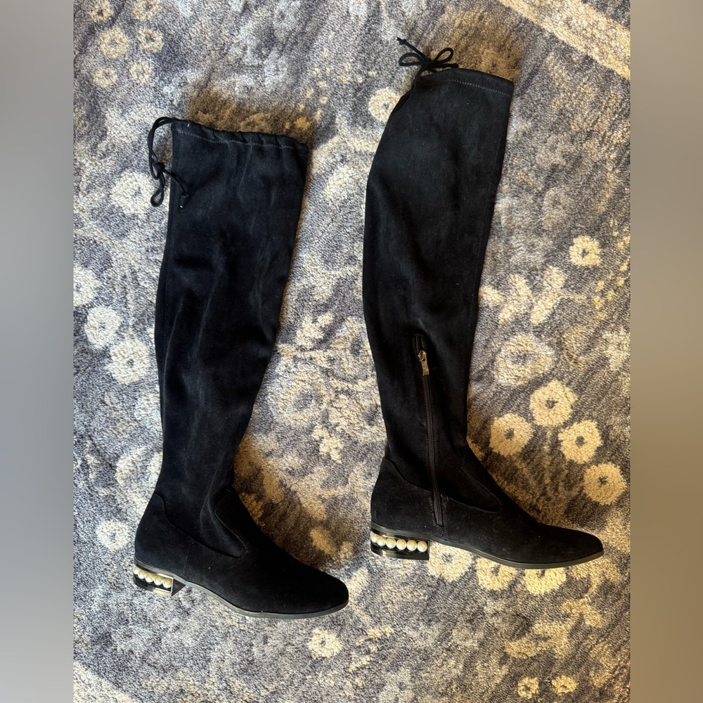 Just Fab Noelle Black Over-the-Knee Boots with Pearl Detail